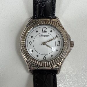 Brighton Silver Watch with Black Leather Strap Roxbury